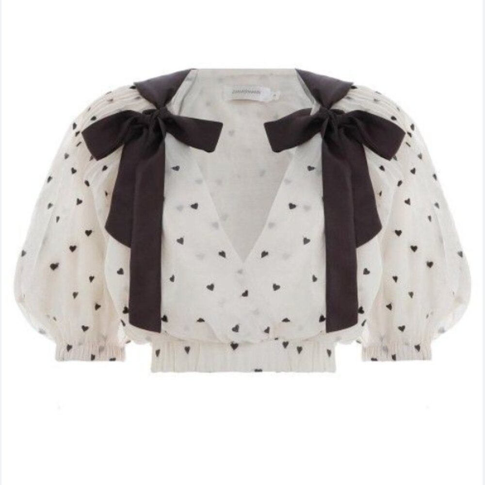 Zimmerman Painted Hearts Tie Shoulder Crop Blouse Top Cream AU2